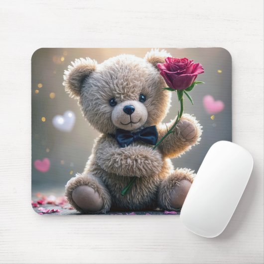Teddybeer met rode roos muismat (Met muis)
