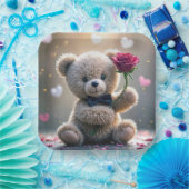 Teddybeer met rode roos papieren bordje (Feest)