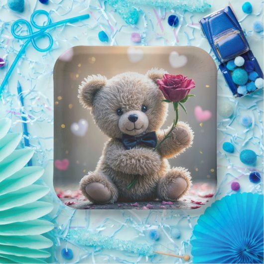 Teddybeer met rode roos papieren bordje (Feest)