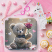 Teddybeer met rode roos papieren bordje (Feest)