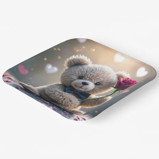 Teddybeer met rode roos papieren bordje (Gebogen)