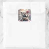 Teddybeer met rode roos vierkante sticker (Tas)
