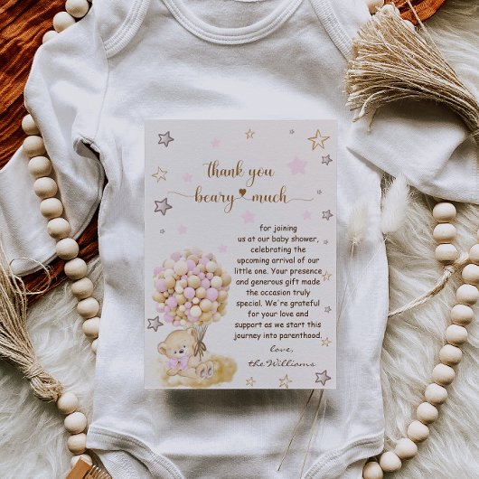 Teddybeer met roze ballonnen Baby shower Bedankkaart