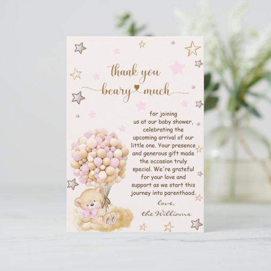 Teddybeer met roze ballonnen Baby shower Bedankkaart (Staand voorkant)