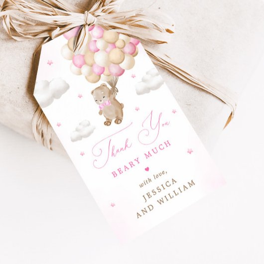 Teddybeer met roze ballonnen Baby shower Cadeaulabel