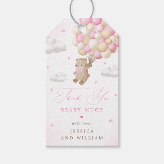 Teddybeer met roze ballonnen Baby shower Cadeaulabel