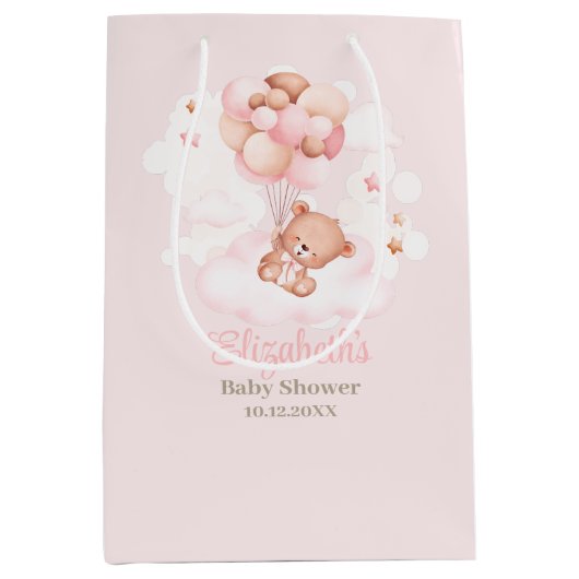 Teddybeer met roze ballonnen Baby shower Medium Cadeauzakje (Voorkant)