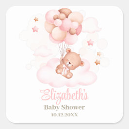 Teddybeer met roze ballonnen Baby shower Vierkante Sticker