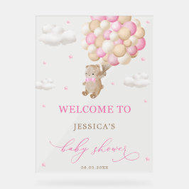 Teddybeer met roze ballonnen Baby shower Welkom Acryl Bord
