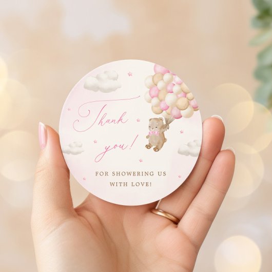 Teddybeer met roze ballonnen ronde sticker