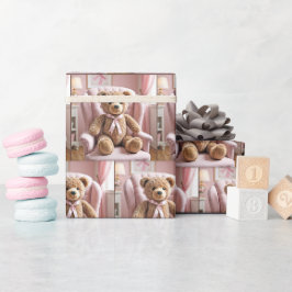 Teddybeer met roze strik cadeaupapier