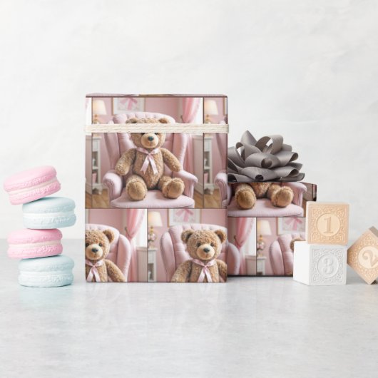 Teddybeer met roze strik cadeaupapier (Baby Shower)