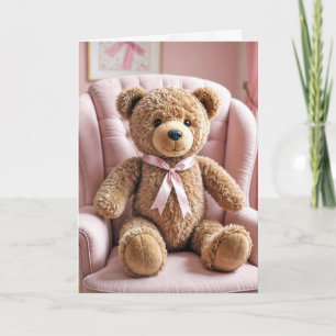 Teddybeer met roze strik kaart