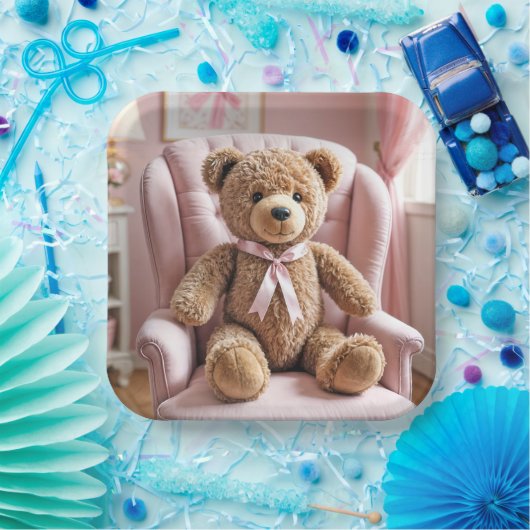 Teddybeer met roze strik papieren bordje (Feest)