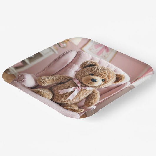 Teddybeer met roze strik papieren bordje (Gebogen)