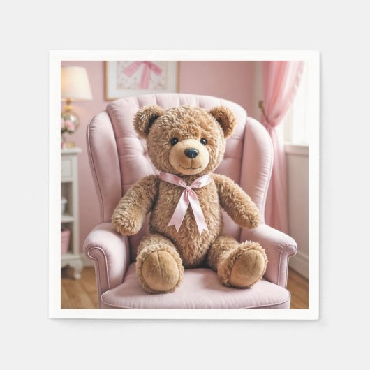 Teddybeer met roze strik servet (Voorkant)