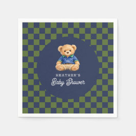 Teddybeer met ruitjesprint baby shower servet