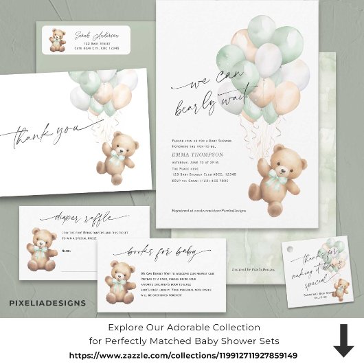 Teddybeer met Sage Green Ribbon Shower Etiket