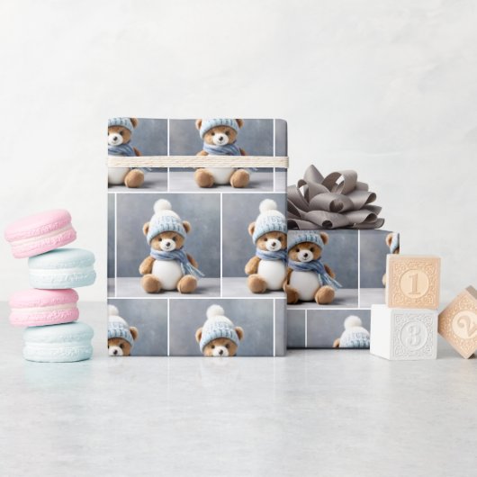 Teddybeer met sjaal en Pet Cadeaupapier (Baby Shower)
