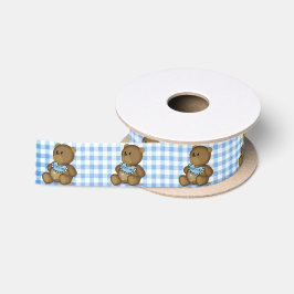 Teddybeer met slabbetje op Blue Gingham Satijnen Lint