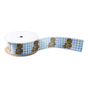 Teddybeer met slabbetje op Blue Gingham Satijnen Lint