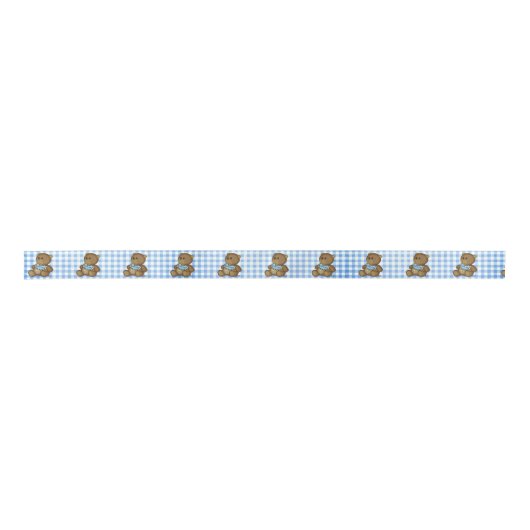 Teddybeer met slabbetje op Blue Gingham Satijnen Lint (Voorkant)