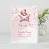 Teddybeer met sterkussen meisje baby shower kaart (Staand voorkant)