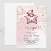 Teddybeer met sterkussen meisje baby shower kaart (Voorkant / Achterkant)