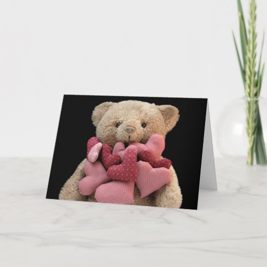 Teddybeer met stoffen hartjes wenskaart kaart (Voorkant)