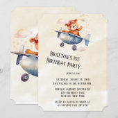 Teddybeer met zijn vliegtuig 1e verjaardagsfeestje kaart (Voorkant / Achterkant)