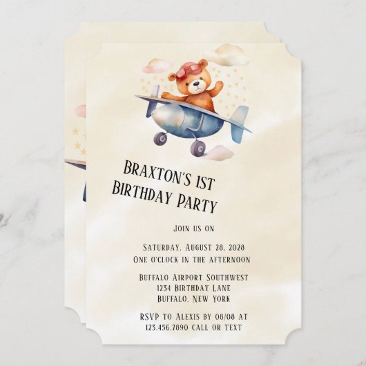 Teddybeer met zijn vliegtuig 1e verjaardagsfeestje kaart (Voorkant / Achterkant)