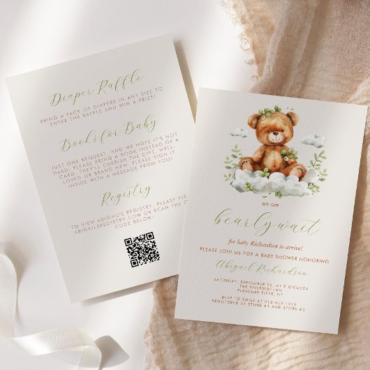 Teddybeer Neutraal Groen QR Code Baby Shower Kaart