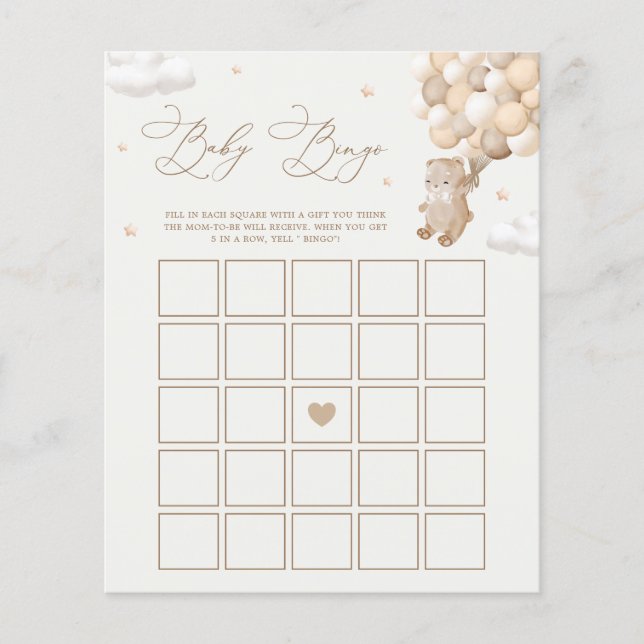 Teddybeer Neutrale Baby Shower Bingo Spel (Voorkant)