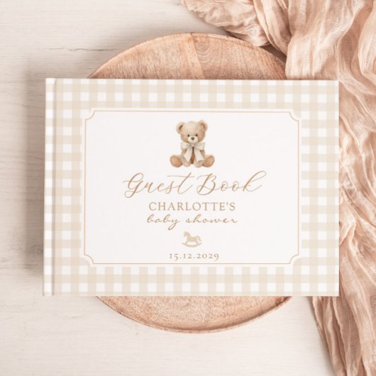 Teddybeer neutrale geruite babyshower gastenboek