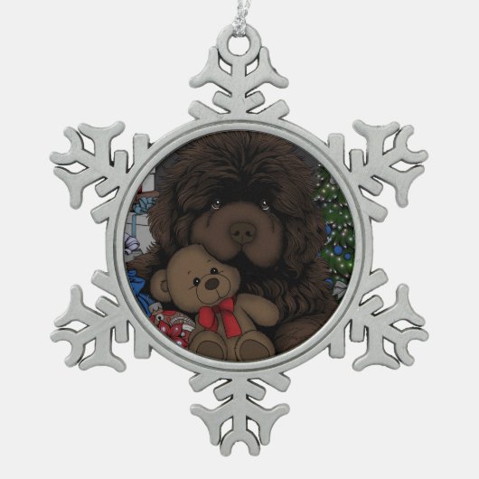 Teddybeer Newfoundland puppy hond Tin Sneeuwvlok Ornament (Voorkant)