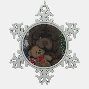 Teddybeer Newfoundland puppy hond Tin Sneeuwvlok Ornament