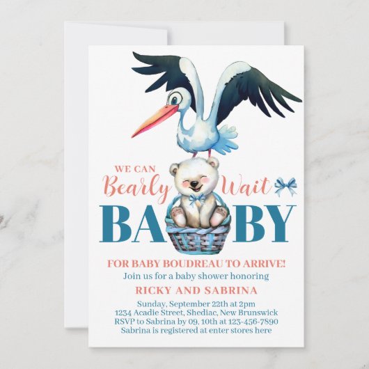 Teddybeer ooievaar Barly daar blauw Baby shower Kaart (Voorkant)