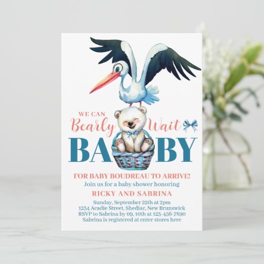 Teddybeer ooievaar Barly daar blauw Baby shower Kaart (Staand voorkant)