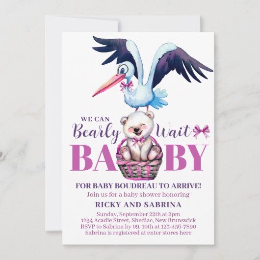 Teddybeer ooievaar Barly Daar Roze Baby shower Kaart (Voorkant)