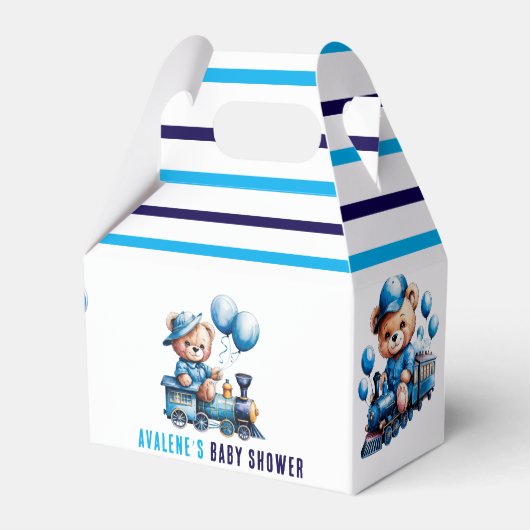 Teddybeer op een Blue Train Boy Baby shower Bedankdoosjes (Voorkant Zijde)