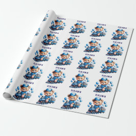 Teddybeer op een Blue Train Boy Baby shower Gift Cadeaupapier