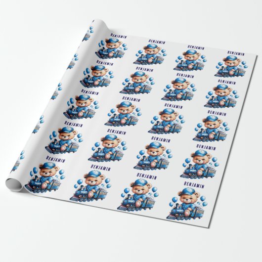 Teddybeer op een Blue Train Boy Baby shower Gift Cadeaupapier (Uitgerold)
