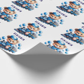 Teddybeer op een Blue Train Boy Baby shower Gift Cadeaupapier (Hoek)