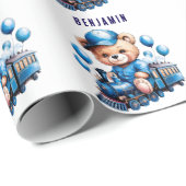 Teddybeer op een Blue Train Boy Baby shower Gift Cadeaupapier (Rol Hoek)