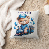 Teddybeer op een Blue Train Boy Baby shower Gift Kussen (Deken)