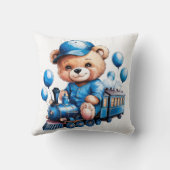 Teddybeer op een Blue Train Boy Baby shower Gift Kussen (Achterkant)