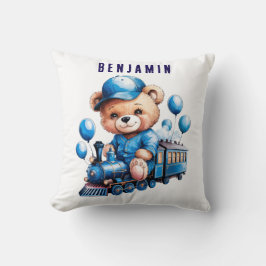 Teddybeer op een Blue Train Boy Baby shower Gift Kussen