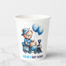 Teddybeer op een Blue Train Boy Baby shower Papieren Bekers