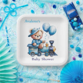 Teddybeer op een Blue Train Boy Baby shower Papieren Bordje (Feest)