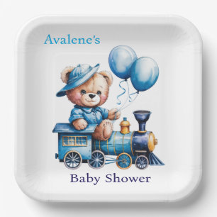 Teddybeer op een Blue Train Boy Baby shower Papieren Bordje